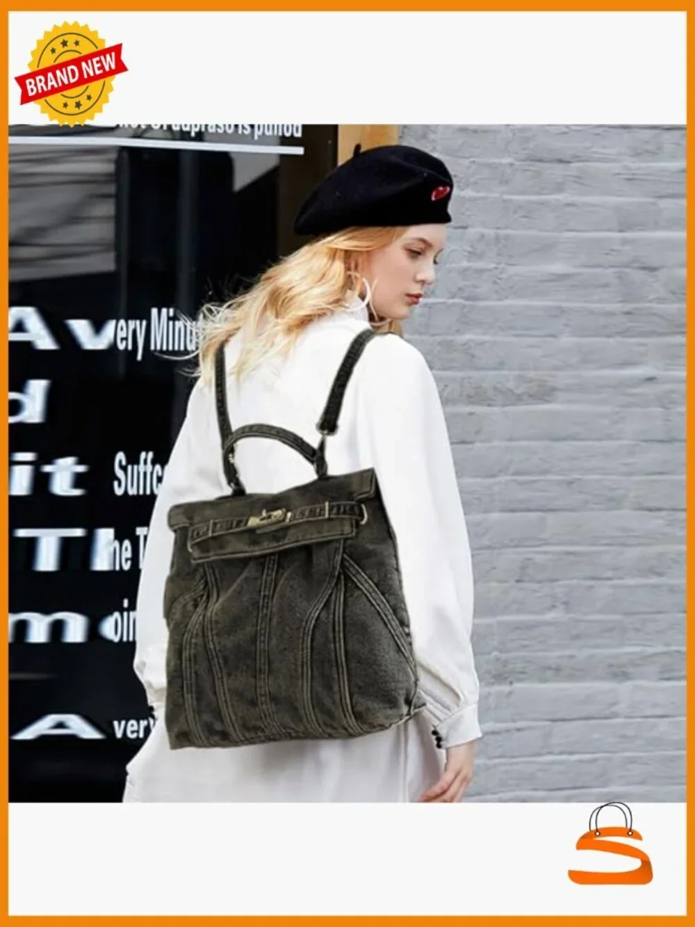 Washed Denim Blue Backpack College Style Handbags Women Shoulder Bag Student